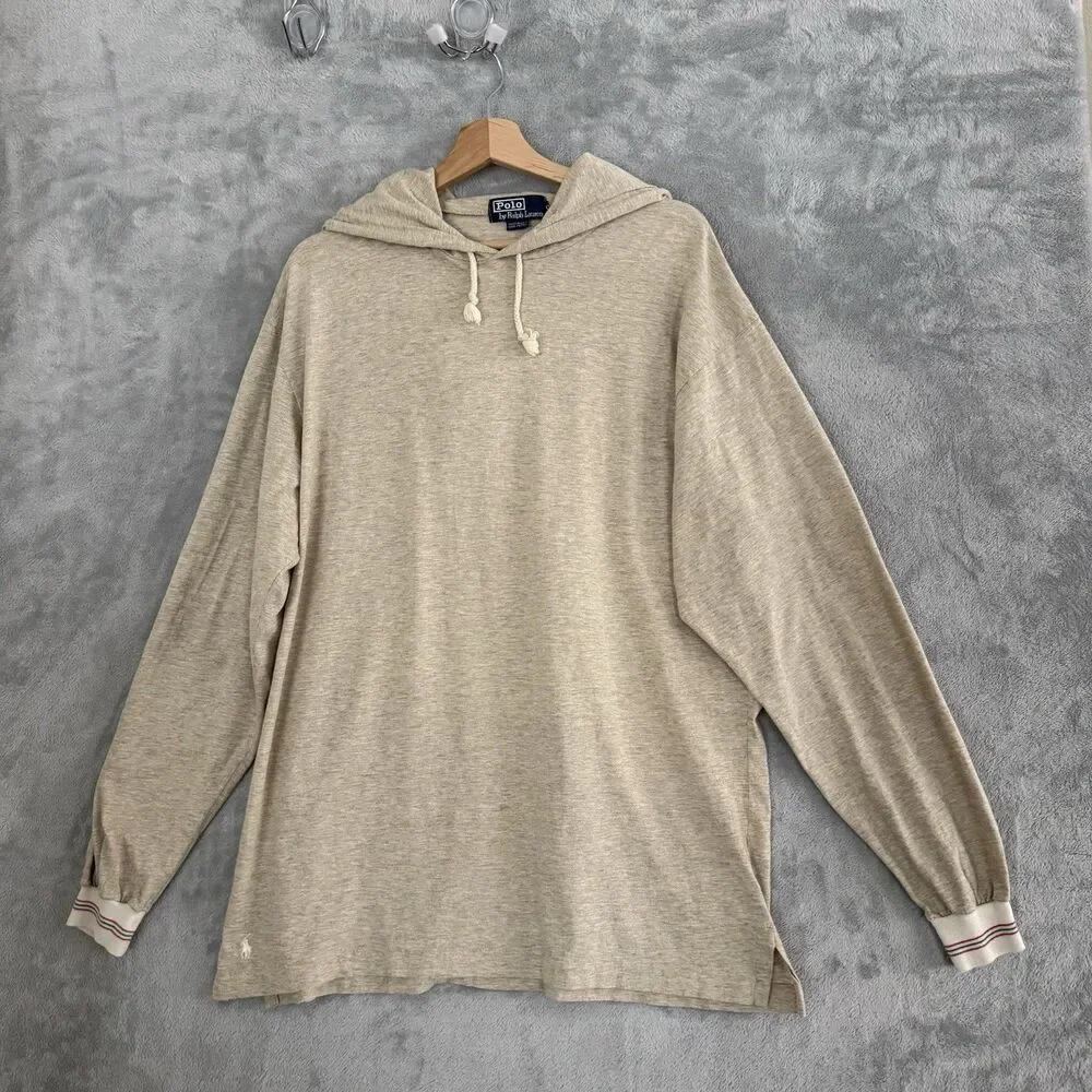 Polo Ralph Lauren Hoodie Mens Medium Beige Lightweight Pullover Pony Logo